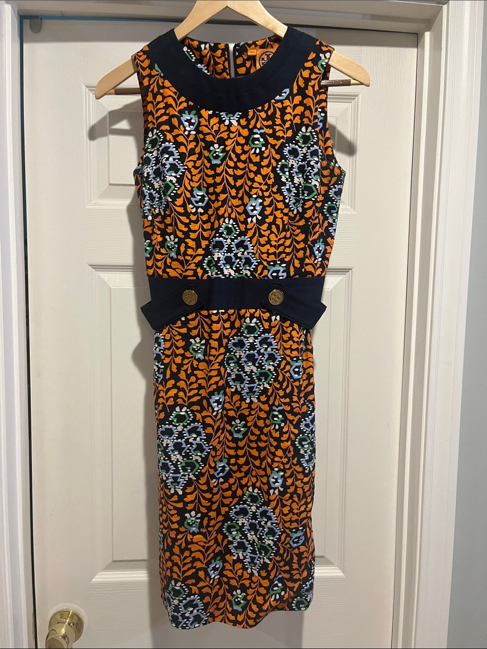 Tory Burch Orange Floral Midi Dress with Navy  Trim